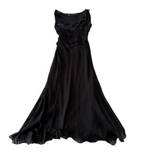 Y2K Vintage Black Silk Ruched Bias Cut V Neck Midi Dress | Size Medium